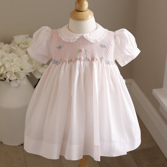 Reserve: Girls Pink Smocked Dress Heirloom Floral Embroidery 12m Portrait New - Picture 1 of 5